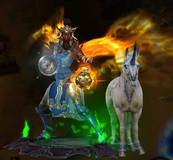 A Monk wears two pieces of the "Monkey King's" Set. She is wearing mostly blue armor. She carries two fierce looking weapons. She has gold wings. Next to her is a monstrosity of a unicorn.