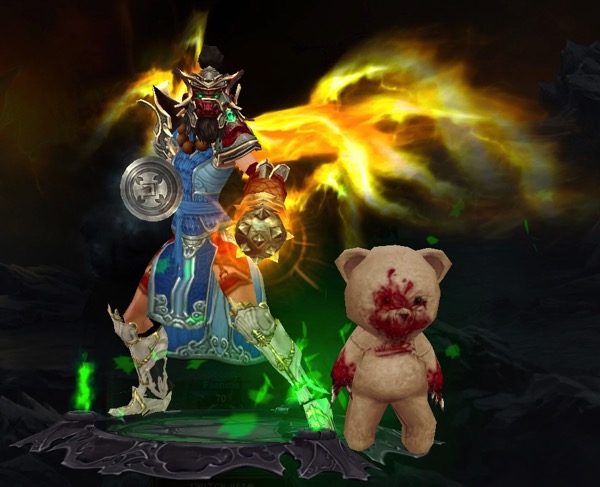 A Monk is wearing some blue armor and some red armor. Her boost are white. She carries two imposing weapons. She has wings of light. Next to her is a blood covered teddy bear with glass shards for claws.