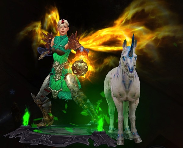 A Monk is wearing mostly green armor. She carries two imposing weapons, one in each hand. She has glowing wings. Next to her is a monstrosity of a unicorn.