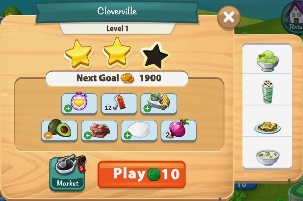 A box shows two gold stars and one empty star. Below it are some ingredients and boosters a player could use. Of to the side are images of some of the recipes for that level.