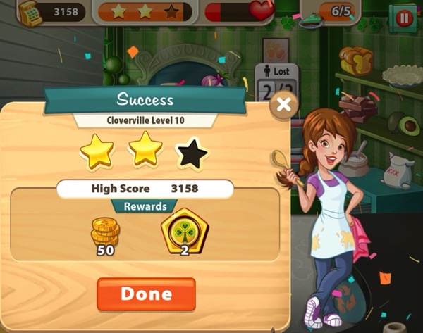 Pepper stands next to a sign that shows two gold stars and one empty star. At the top of the screen, it shows she served six Mint Chocolate Pies to customers.