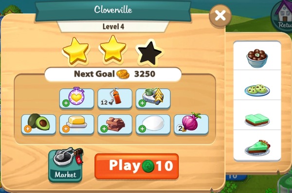 A box shows two gold stars and one empty star. Below it are ingredients and boosters the player cause. Off to the side are some recipes that will appear in this level.