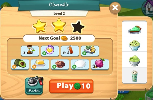 A box shows two gold stars and one empty star. Below it are ingredients and booster the player can use. Off to the side are images of new and previous recipes.