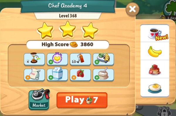 A box shows three gold stars on Level 368. Off to the side are some of the recipes that level requires. 