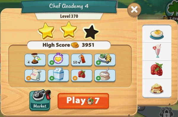 A box holds two gold stars and one empty star. Off to the side are some of the recipes for this level.