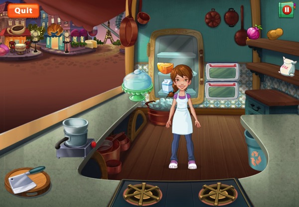 The inside of Pepper's food truck starts with only a few appliances. She stands near the double broiler the game required me to buy with gold.