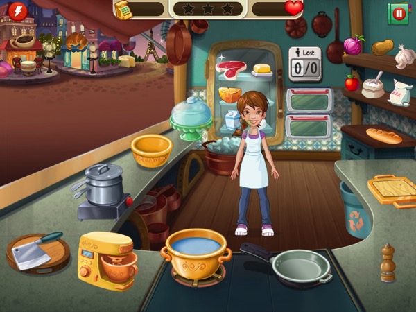 Pepper stands in the middle of her food truck. The Double Broiler L2 is on a counter. She also has four appliances that are gold level (and a few that are at Level 2).