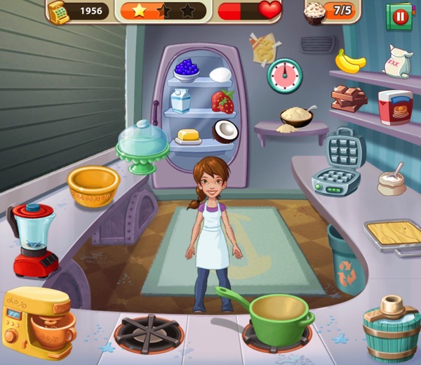 Pepper stands inside her food truck, wearing a clean apron. The counters are filled with a variety of appliances. At the top, there is a box that shows I served 7 customers Coconut Ice Cream.