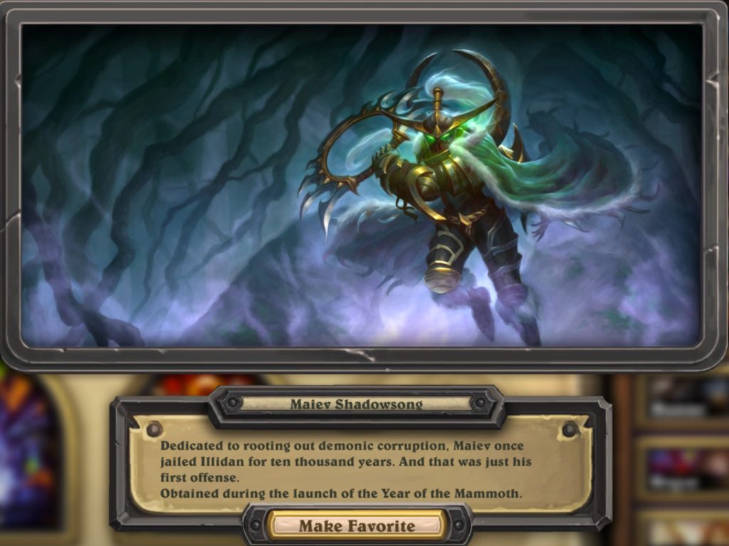 A large portrait of Maiev Shadowsong. She is holding a round weapon with spikes on it, and is wearing metal armor from head to toe. Her green cape swirls around her. The background appears to be a series of roots.