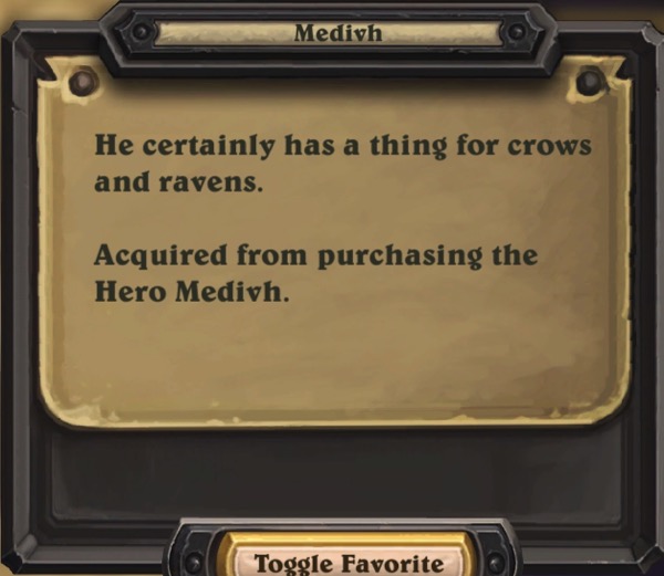 A box provides a description of Medivh: "He certainly has a thing for crows and ravens." It also says: Acquired from purchasing the Hero Medivh.