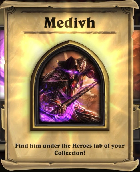 A male Mage with glowing purple eyes looks out at you from inside a window frame. His name is Medivh. 