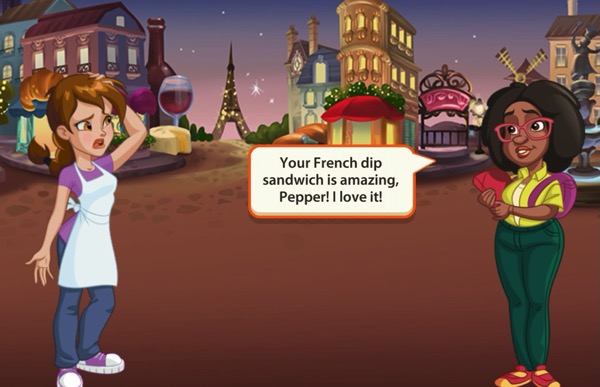The student tells Pepper she loves her French dip sandwich.