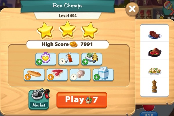 A box shows three gold stars on Level 404. Below it are ingredients and bonuses. Next to is is a series of recipes this level might require.