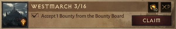 An achievement says: Westmarch 3/16. It says "Accept 1 Bounty from the Bounty Board"