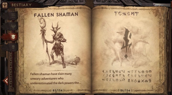 An old book with weathered looking pages shows a drawing of a Fallen Shaman demon. The page next to it is blurry and unreadable.