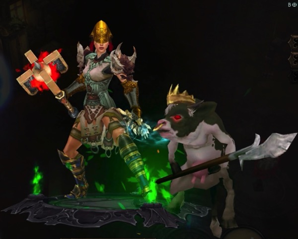 A Monk wears a gold helmet and a mix of armor. Her shoulders look like demon heads. In one hand, she carries a bladed weapon with spikes on it. In the other hand, she holds a large hammer-like weapons that glows red. Next to her is a cow that is standing on its back legs and holding a spear. The cow has a gold crown and a gold ring through its nose. It is a black and white spotted cow with a pink udder.