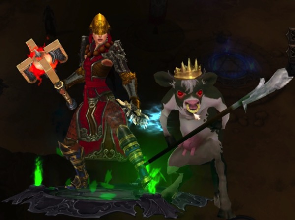 A Monk is wearing mostly red armor. She has a gold helmet. She carries a bladed weapon in one hand and a large hammer in the other. Next to her is a black and white cow with a pink udder. It stands on its back legs. The cow has a spear. It wears a gold crown and a gold ring in its nose.
