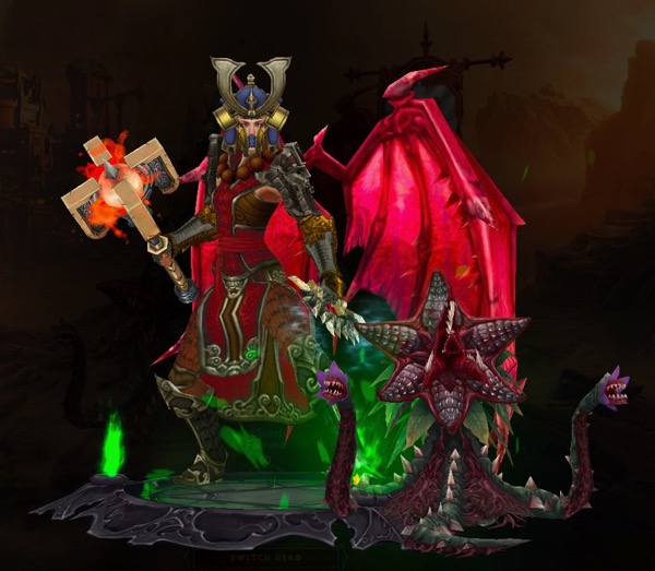 A Monk wears a lot of red colored armor. She holds a bladed weapon with spikes on it in one hand and a large hammer in the other. On her back are a pair of blood red wings. Next to her is a monstrous plant with three mouths. 
