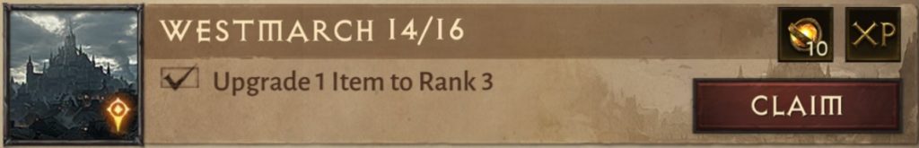 Westmarch 14/16 says: "Upgrade 1 Item to Rank 3"