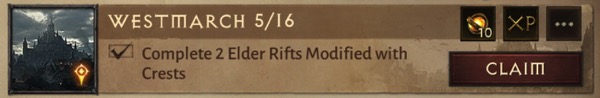 Westmarch Achievement 5/16 says "Complete 2 Elder Rifts Modified with Crests"