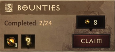 A box says Bounties at the top. The text in the middle says "Completed: 2/24"/ Below it are some rewards, including more gold round currency.