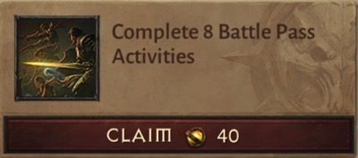 A box shows an adventurer who is about to fight something. The box says "Claim 8 Battle Pass Activities". Below it is a red rectangle that says "Claim" and shows 50 gold round currency.