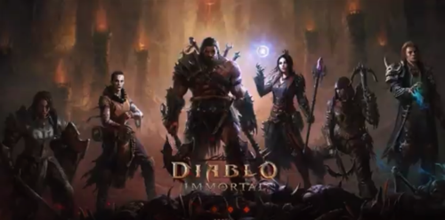 Opening screenshot from Diablo Immortal. It shows all of the character  types that a player can choose from.