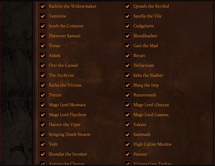 A larger screenshot with several more names of enemies that I had to kill to earn the A Unique Collection Achievement. There are a lot of check marks.