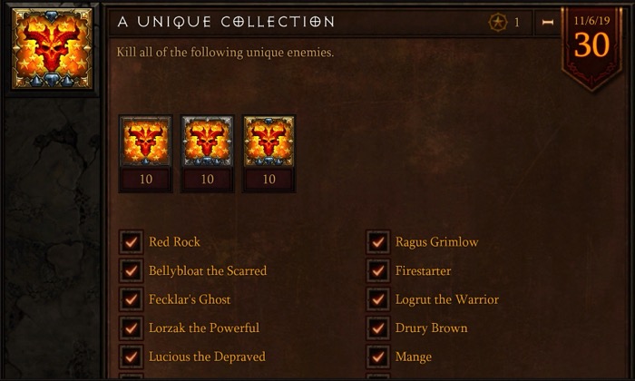 A Unique Collection now has all three boxes with a demon head in each. There are some names in this screenshot with checkmarks next to them.