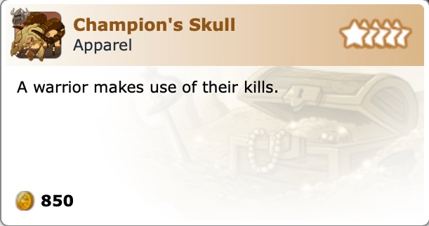 Champion's Skull is a helmet. It looks like a tan, elongated, skull with some curving horns attached to it.