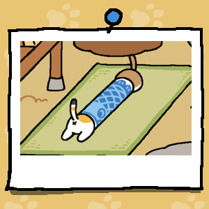 A light brown cat with a white stomach sticks their back end out of the back of the Carp Tunnel. A white cat with a large orange spot and a small orange stripe, and a black spot on the tip of their tail sticks their backside and legs out of the Carp Tunnel.