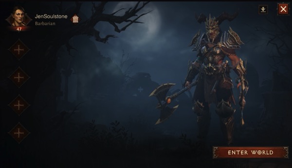 My Barbarian is wearing a cosmetic set of armor that was available to those or pre-registered for Diablo Immortal. She is at Level 47