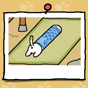 A white cat with an orange spot on her tail sticks her entire back end and back legs out of the Carp Tunnel.