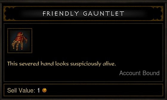 A box says "Friendly Gauntlet" at the top. A small image of this small, armored, pet is in the larger part of the box. The gauntlet is red with gold accents.