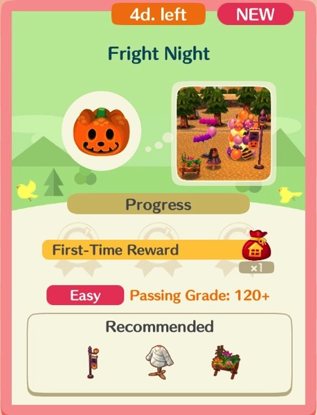 Jack's pumpkin head is in a circle. Next to it is a square showing a tiny image of Fright Night class. At the bottom is a box showing all the items that are required.