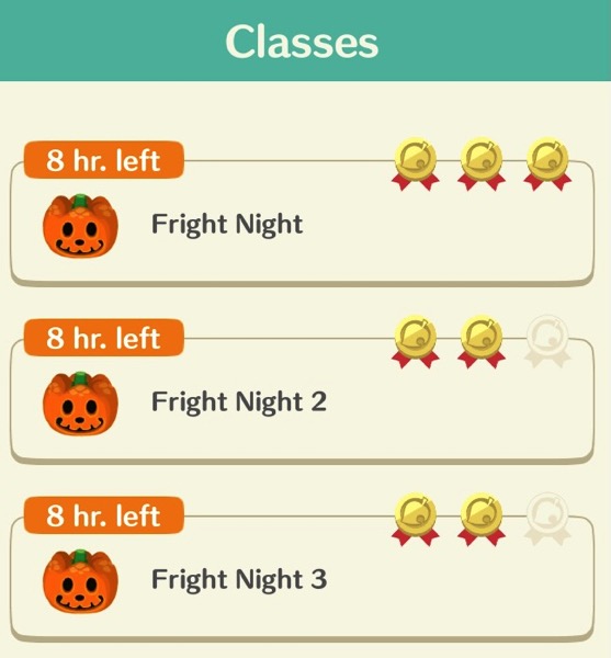 A box shows I earned three ribbons in fright night class 1, two in fright night class 2, and two in fright night class 3.