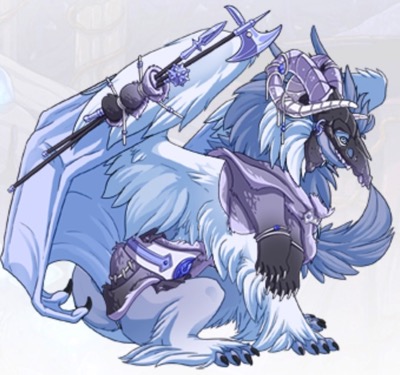 Legend is a Tundra dragon with skin and feathers the colors of ice. This includes a bright white, a very light blue, and a slightly darker purple/blue color.