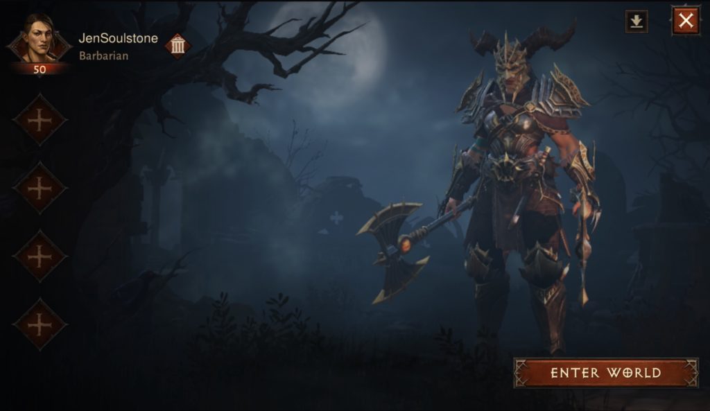 A Barbarian, wearing the matching armor set that players could obtain by pre-registering for Diablo Immortal, glares at you. She has a helmet with horns, and carries one large axe in each hand.