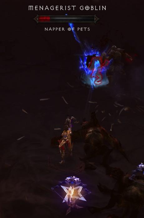 A Menagerist Goblin in blue is attempting to run away from my Demon Hunter (who stands in the middle of this screenshot. She is shooting arrows. Behind her is one of there turrets, which is also shooting at the Menagerist Goblin.