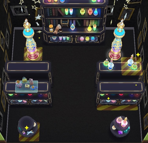 An overhead view of the Potion Commotion 2 very dark room. It gives you a good look at the potion decanters.