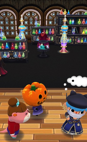 Potion Commotion 3 has a black carpet on the floor, and several stained glass windows on the back wall. Several of the items from Fishing Tourney (Potions) are in the room.