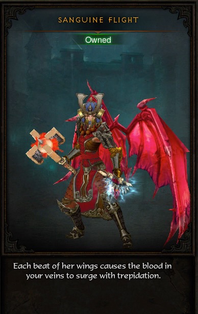 A Monk is wearing red armor. She is wearing a large, blood red, set of Sanguine Flight Wings.