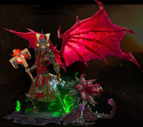 A Monk in red armor holds a large hammer in one hand and a fist weapon with many spikes on it. She has blood red wings that are huge. Next to her is a creepy plant.