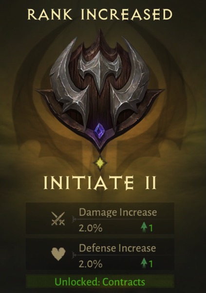 The words "Rank Increased" is above a crest. Below it are the words "Initiate II"