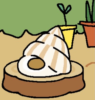 The Shell Tunnel (White) sits on a round, flat tree stump. There are two potted plants behind it. 