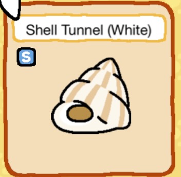 The Shell Tunnel (White) is a large, white, curving shell with tan lines going across it. There is an opening that is just big enough for one cat to fit inside it.