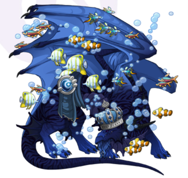 A blue Guardian Dragon named Shipwreck wears underwater apparel.