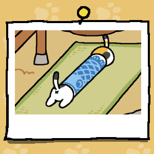 A calico cat with orange spots and stripes and smaller back spot and stripes sticks their back end out of the back of the Carp Tunnel. A white cat with a black spot on their tail and back sticks their back end and legs out of the Carp Tunnel.