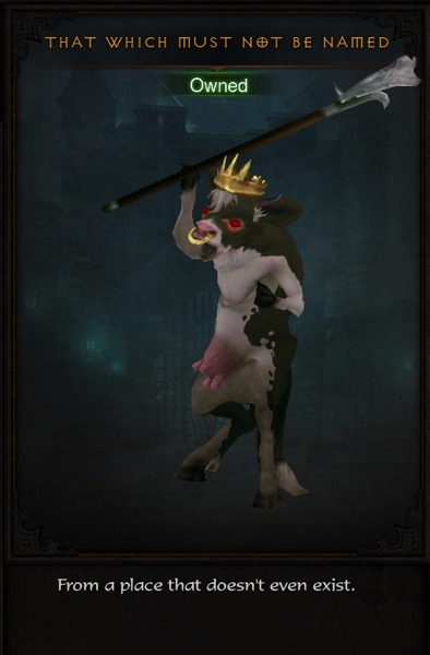 A blackened white cow is standing on its back legs. It has a pink udder. The cow has a gold ring through its nose and a gold crown on its head. This cow is carrying a large pike weapon, which it holds up.