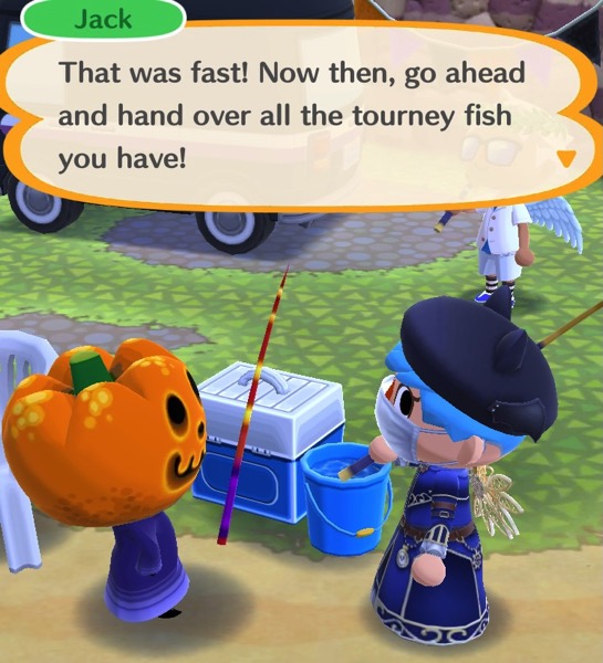 Jack has a pumpkin for a head and wears a velvet looking purple gown. He doesn't have hands, but there is a fishing pole floating in the air near him. He wants the Tourney fish my character caught.